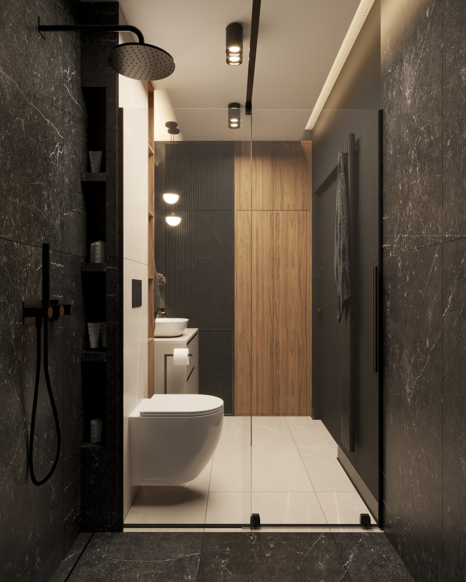 Nowoczesna łazienka z czarnym marmurem, deszczownicą i drewnianymi szafkami. Minimalistyczny design, oświetlenie punktowe, kabina prysznicowa ze szkła.