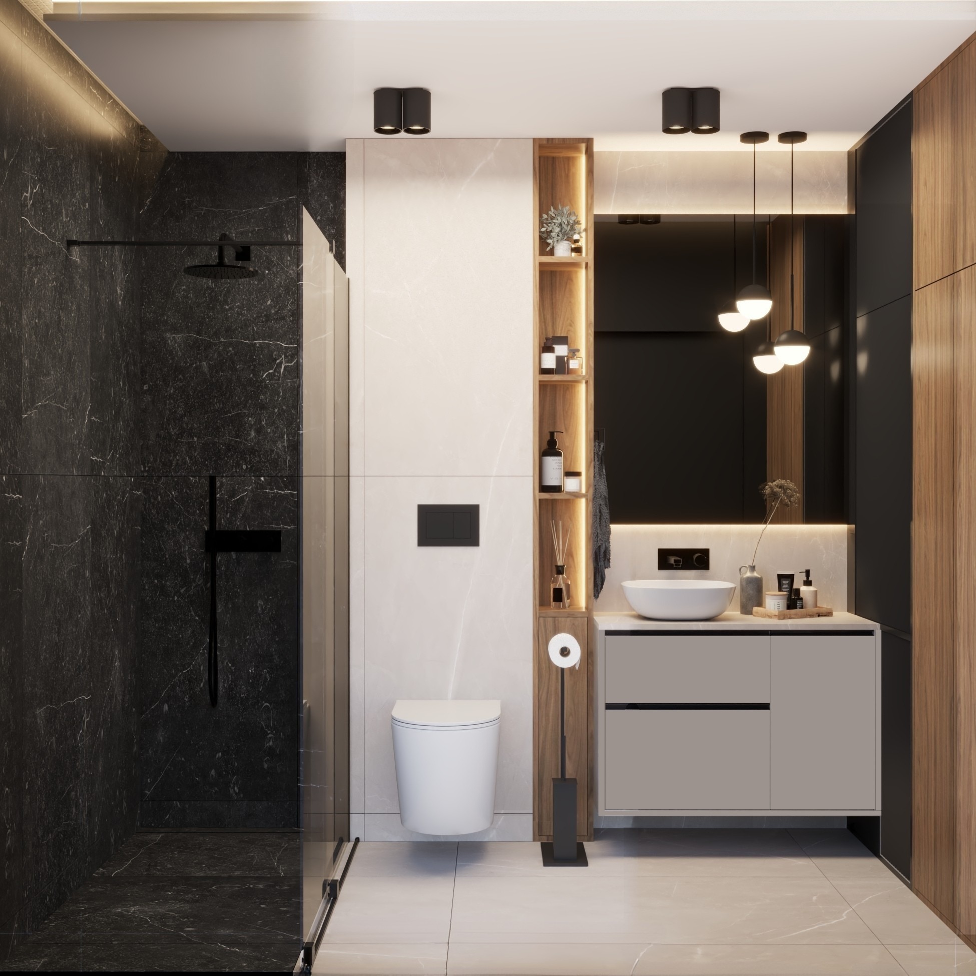 Nowoczesna łazienka z kabiną prysznicową wykończoną czarnym marmurem, umywalką nablatową i drewnianymi akcentami. Oświetlenie punktowe i minimalistyczny design.