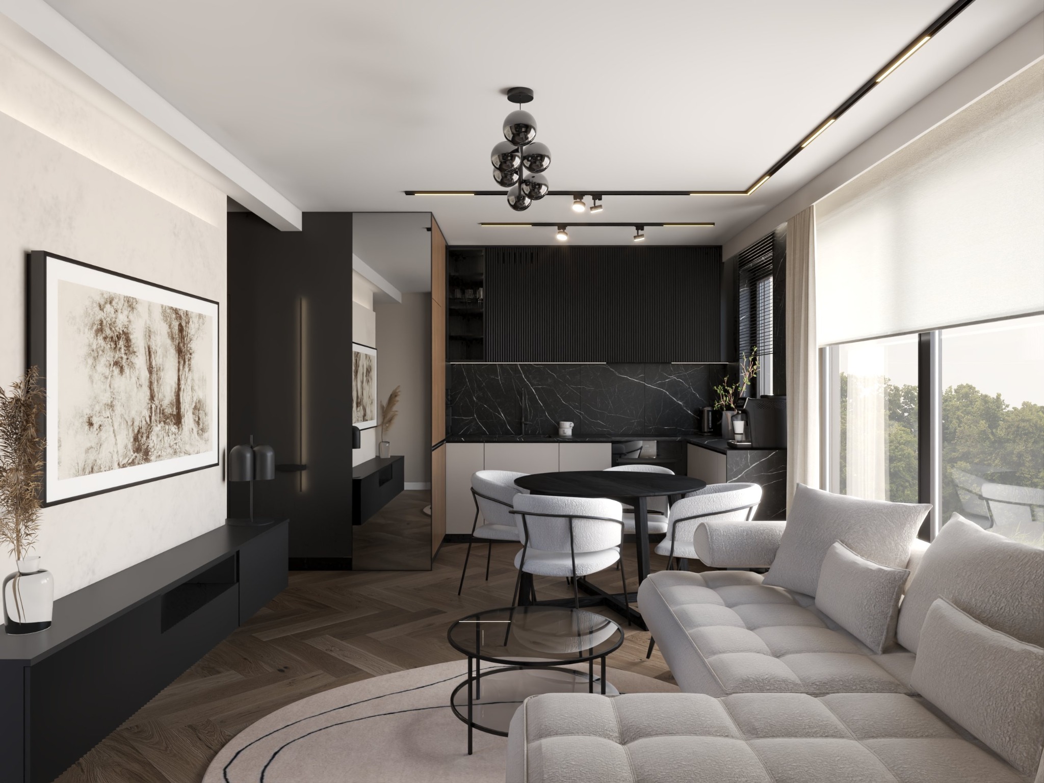 Elegancki salon z aneksem kuchennym w odcieniach bieli i czerni. Parkiet w jodełkę, designerskie lampy, minimalistyczne meble i dekoracje. Nowoczesny i stylowy wystrój.