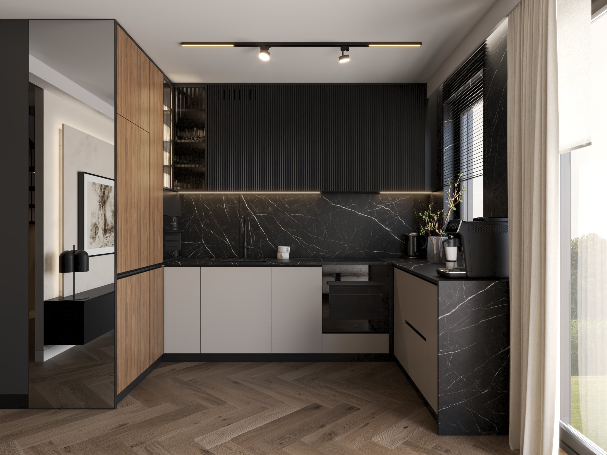 Nowoczesna kuchnia z czarnym marmurem i drewnianymi akcentami. Minimalistyczny design, oświetlenie LED i parkiet w jodełkę. Widok na zieleń za oknem.