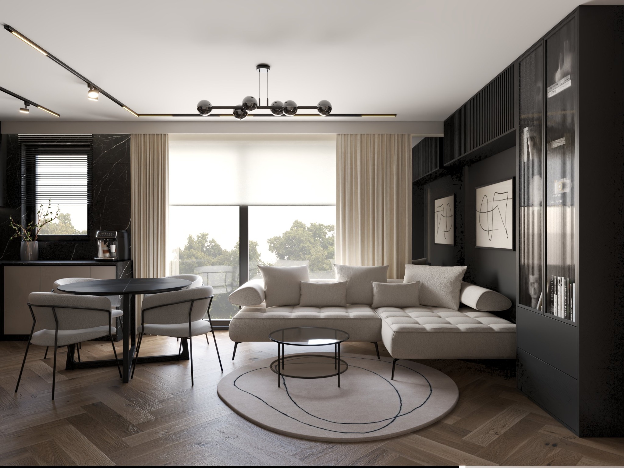 Elegancki salon z narożną sofą, okrągłym dywanem i szklaną ławą. W tle stół z krzesłami i zabudowa kuchenna z marmurowym akcentem. Parkiet w jodełkę.