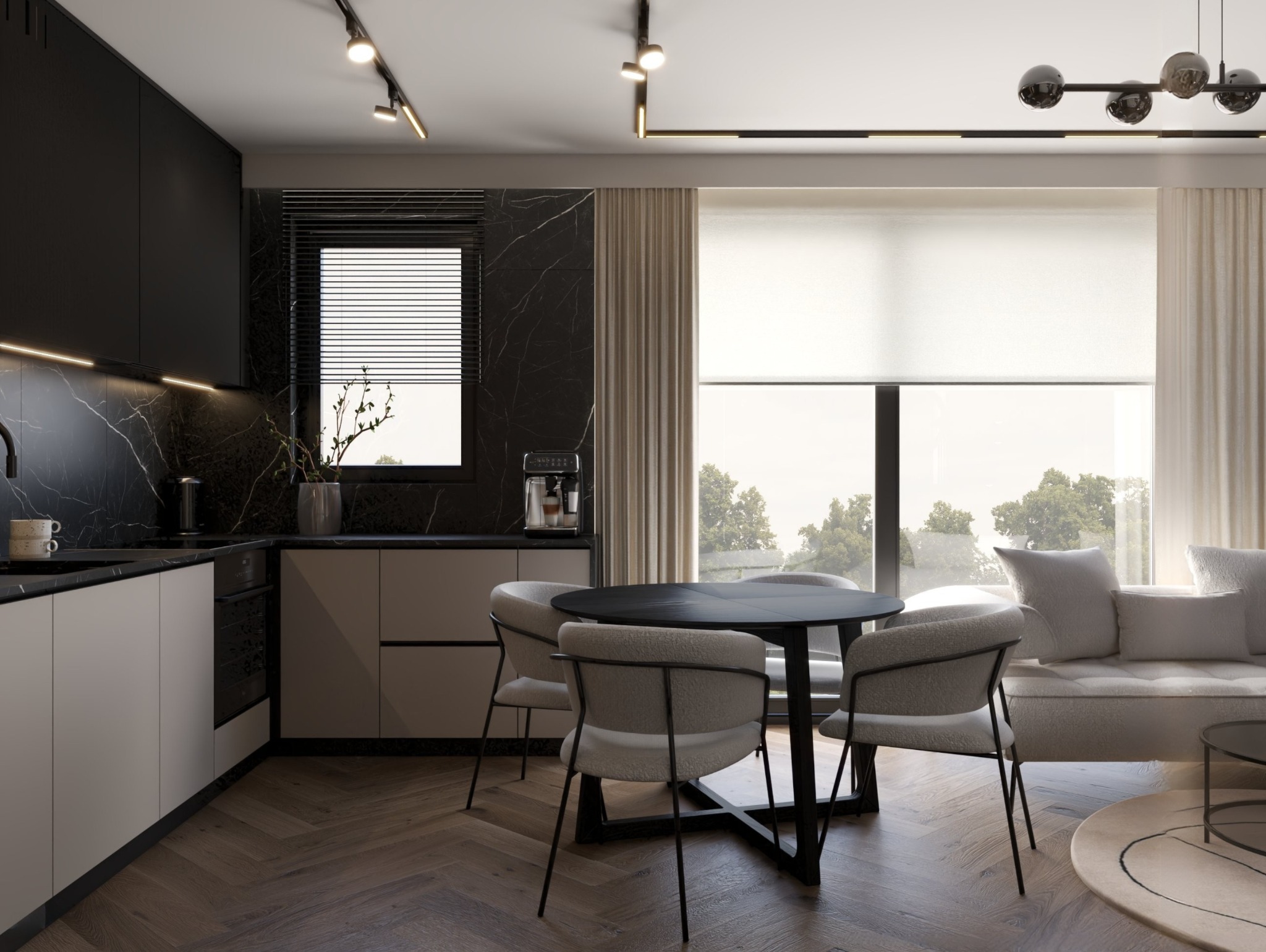 Elegancka aranżacja jadalni z czarnym okrągłym stołem i czterema krzesłami, na tle nowoczesnej kuchni z marmurowym blatem i parkietem w jodełkę.