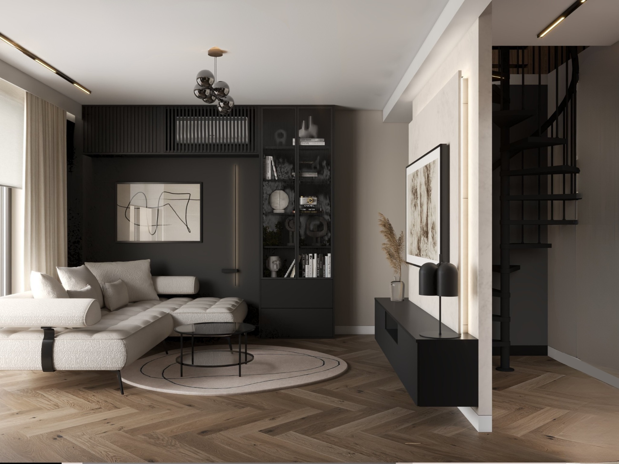 Elegancki salon z narożną sofą boucle, czarną zabudową meblową, spiralnymi schodami i parkietem w jodełkę. Nowoczesne oświetlenie i stonowana kolorystyka.