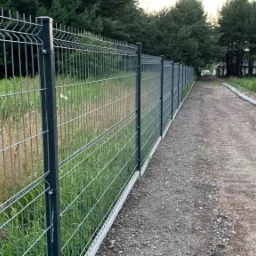 Długi, szary panelowy system ogrodzeniowy z metalowymi słupkami, zamontowany na betonowej podmurówce, oddzielający posesję od drogi gruntowej z widocznymi krawężnikami i zielenią w tle.