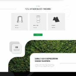 Projekt strony internetowej z sekcjami prezentującymi klientów, kategorie produktów oraz atuty firmy transportowej, z wykorzystaniem minimalistycznej grafiki i zielonych akcentów.