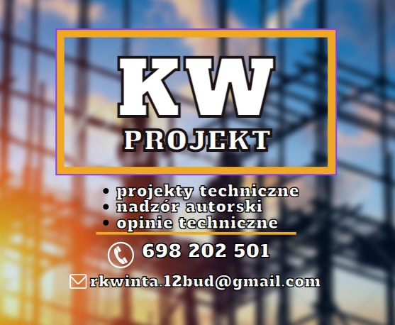 Logo firmy projektowej KW Projekt z danymi kontaktowymi: numer telefonu i adres e-mail, na rozmytym tle konstrukcji budynku.