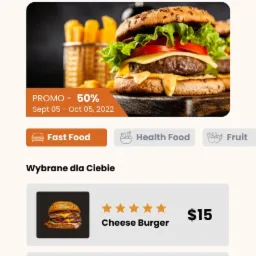 Projekt interfejsu mobilnej aplikacji do zamawiania jedzenia online, prezentujący popularne dania, takie jak cheeseburger i pizza pepperoni, z informacjami o lokalizacji, wyszukiwaniu i promocjach.