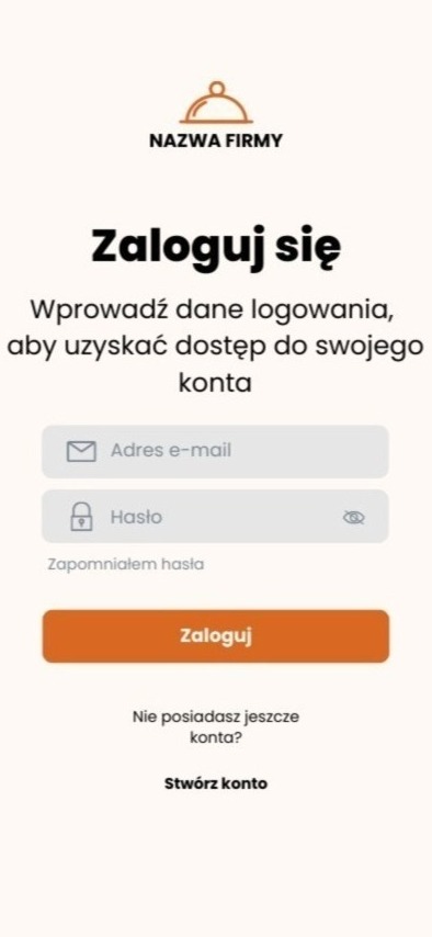 Ekran logowania do serwisu internetowego z polami na adres e-mail i hasło, przycisk 'Zaloguj' w kolorze pomarańczowym oraz opcja stworzenia nowego konta.