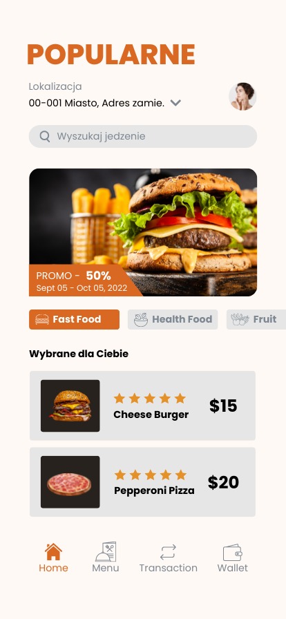 Projekt interfejsu mobilnej aplikacji do zamawiania jedzenia online, prezentujący popularne dania, takie jak cheeseburger i pizza pepperoni, z informacjami o lokalizacji, wyszukiwaniu i promocjach.