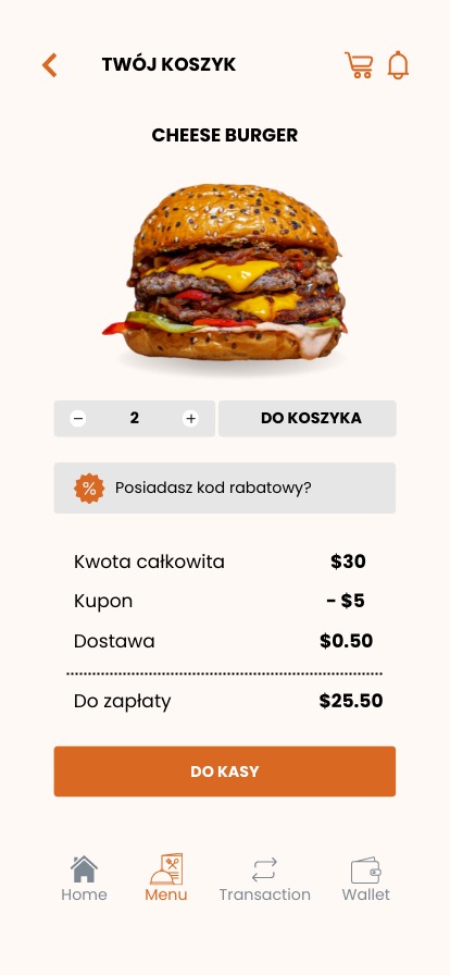 Ekran aplikacji mobilnej z widokiem koszyka zamówienia cheeseburgera, prezentujący podsumowanie kosztów i opcję przejścia do kasy.