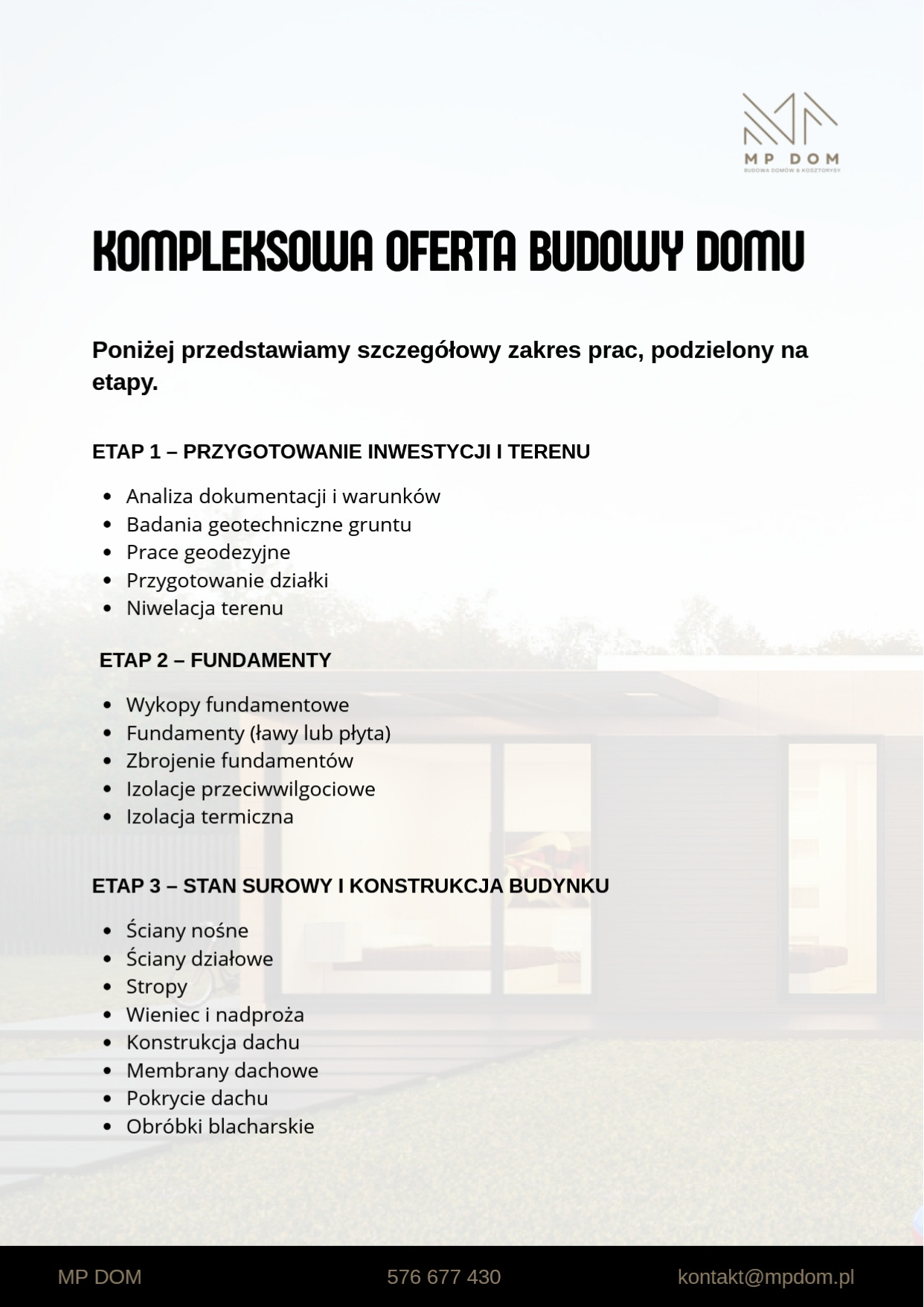 Oferta budowy domu: etapy prac od przygotowania terenu po stan surowy. Wykaz robót z podziałem na fundamenty i konstrukcję budynku. Logo firmy MP Dom.