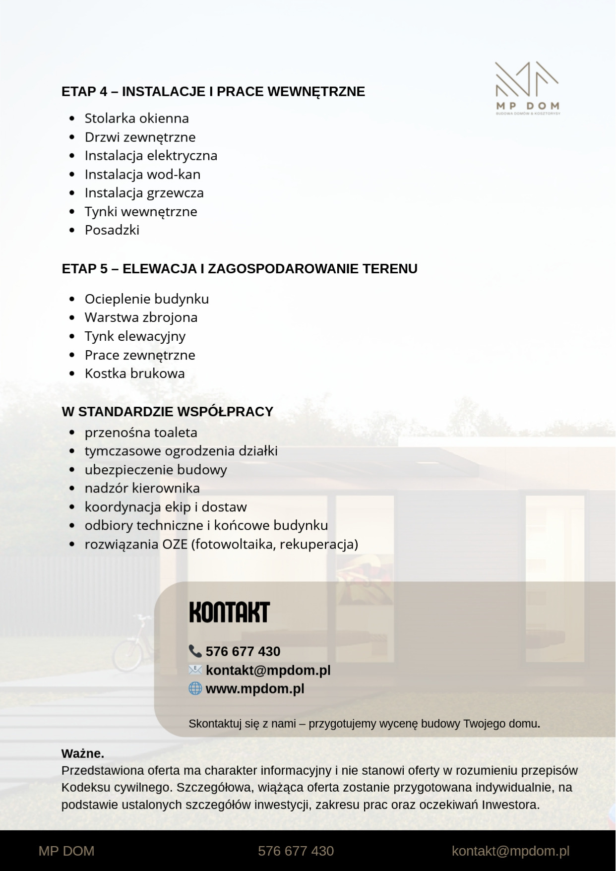 Oferta firmy budowlanej: etapy prac, instalacje wewnętrzne, elewacja, zagospodarowanie terenu, standard współpracy, kontakt. Logo MP Dom.