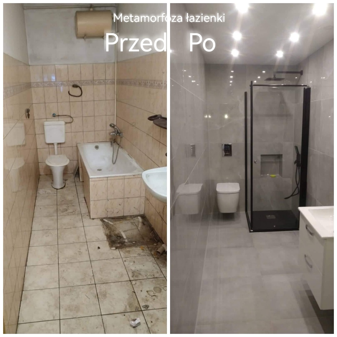 Porównanie łazienki przed i po remoncie: po lewej stronie stara, zaniedbana łazienka z beżowymi płytkami, po prawej nowoczesna łazienka w szarościach z kabiną prysznicową typu walk-in z czarnymi...