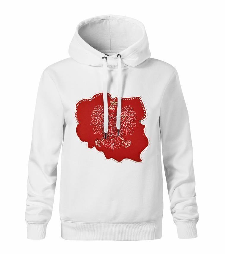 Biała bluza z kapturem z haftowanym czerwonym konturem Polski i stylizowanym orłem w koronie.