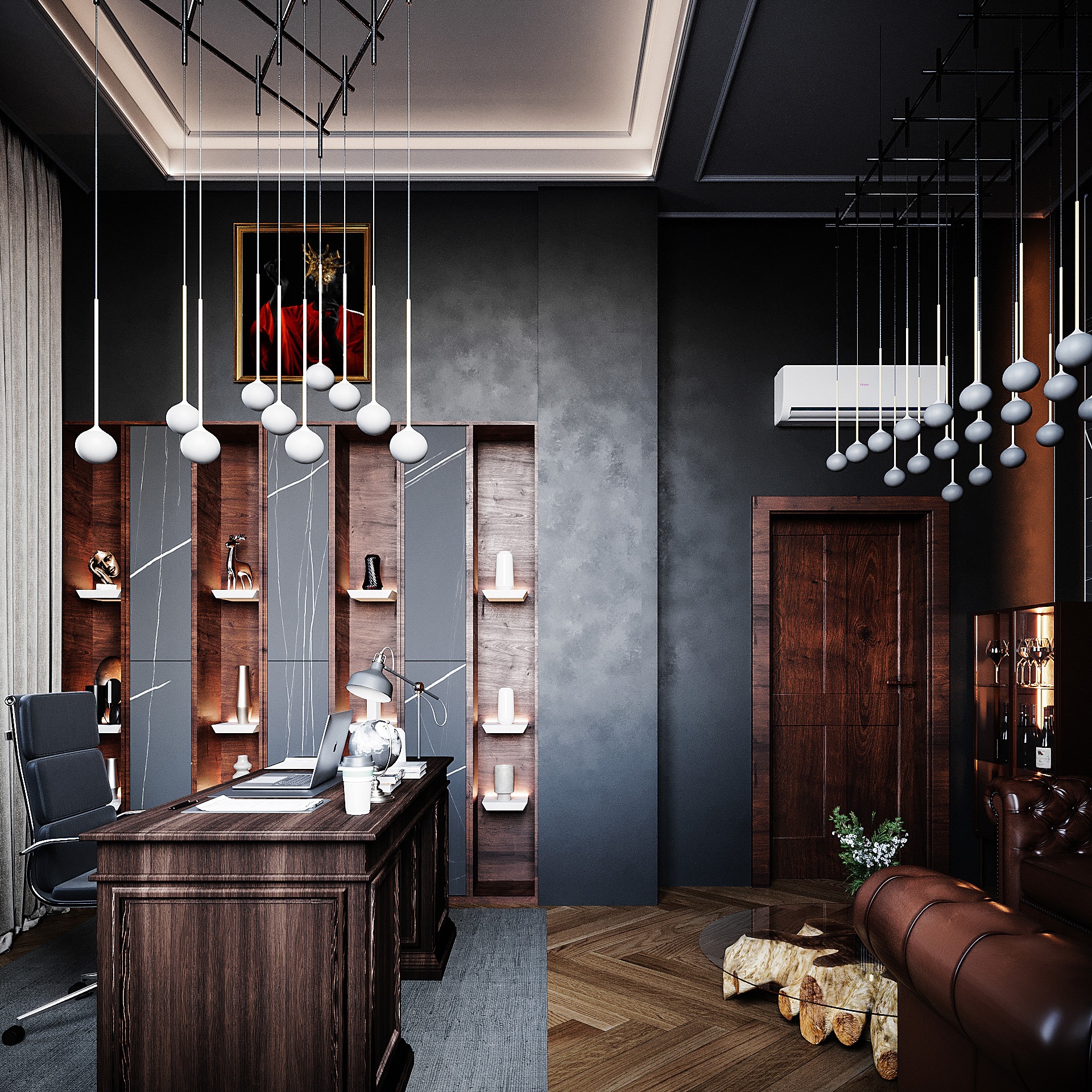 Eleganckie biuro w ciemnych barwach z drewnianym biurkiem, skórzanym fotelem i sofą, oświetlone wiszącymi lampami, z dekoracyjnymi półkami i obrazem na ścianie.