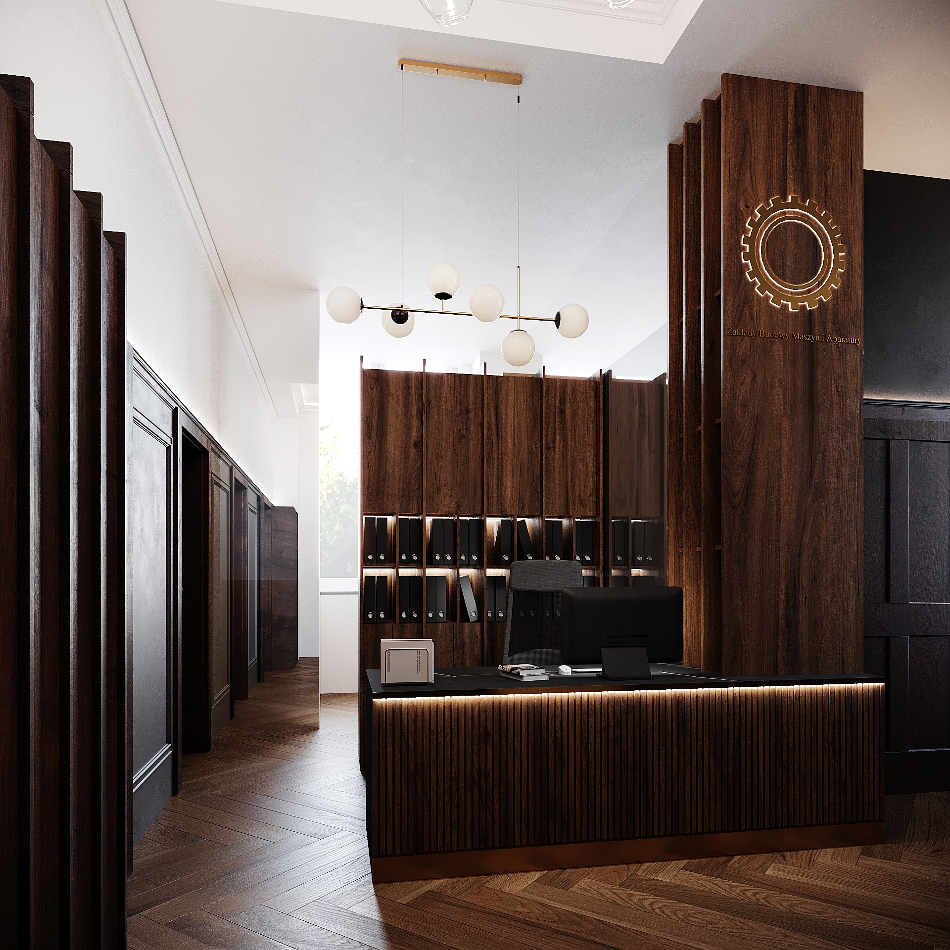 Nowoczesna recepcja biurowa z drewnianymi elementami, podświetlanym blatem i minimalistyczną lampą sufitową, widok na korytarz z ciemnymi drzwiami.