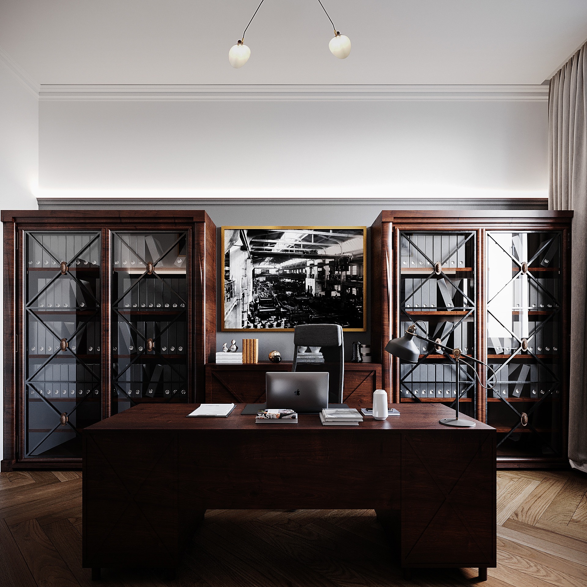 Eleganckie biuro z ciemnego drewna: biurko z laptopem, regały z segregatorami, czarno-biała fotografia fabryki w złotej ramie, lampka biurkowa, parkiet w jodełkę.