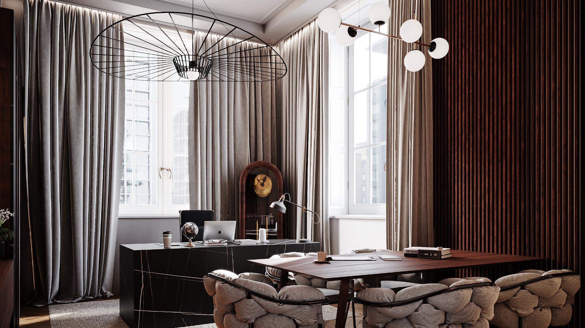 Eleganckie biuro z marmurowym biurkiem, drewnianą ścianą z listew, designerskimi lampami wiszącymi i dużym oknem z widokiem na miasto