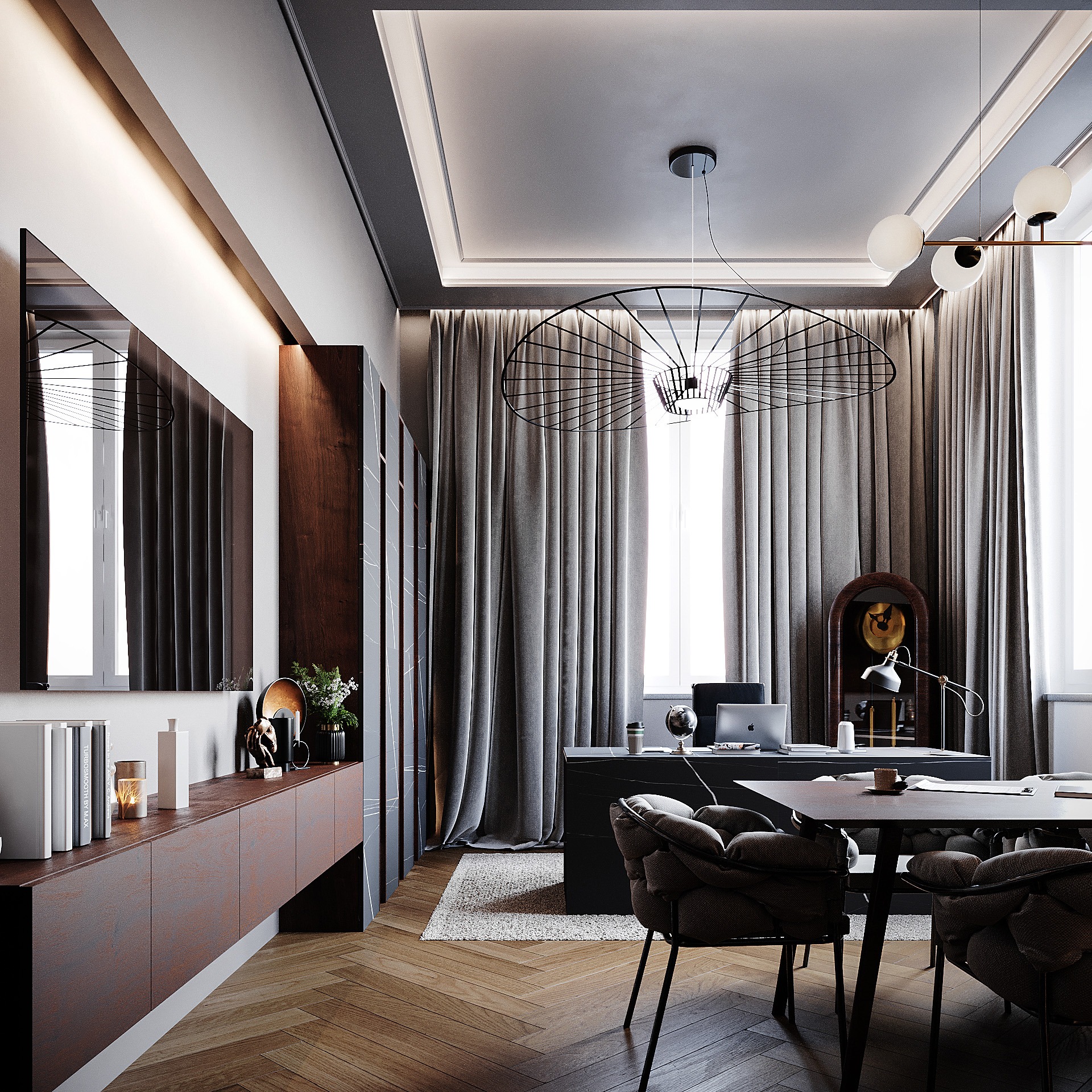 Eleganckie biuro domowe z drewnianą podłogą w jodełkę, szarymi zasłonami, czarnym biurkiem i abstrakcyjną lampą wiszącą, uzupełnione dekoracjami na komodzie i stylowymi krzesłami.