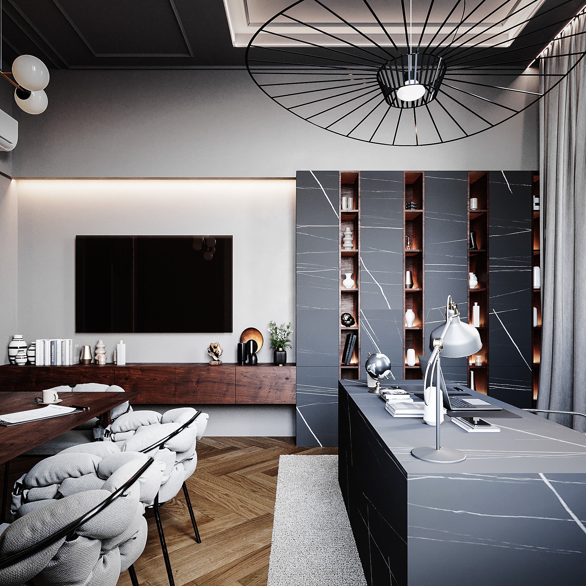Nowoczesne biuro domowe z ciemnoszarymi ścianami z marmurowym wzorem, drewnianą podłogą w jodełkę, designerską lampą sufitową i ergonomicznymi krzesłami przy stole konferencyjnym.