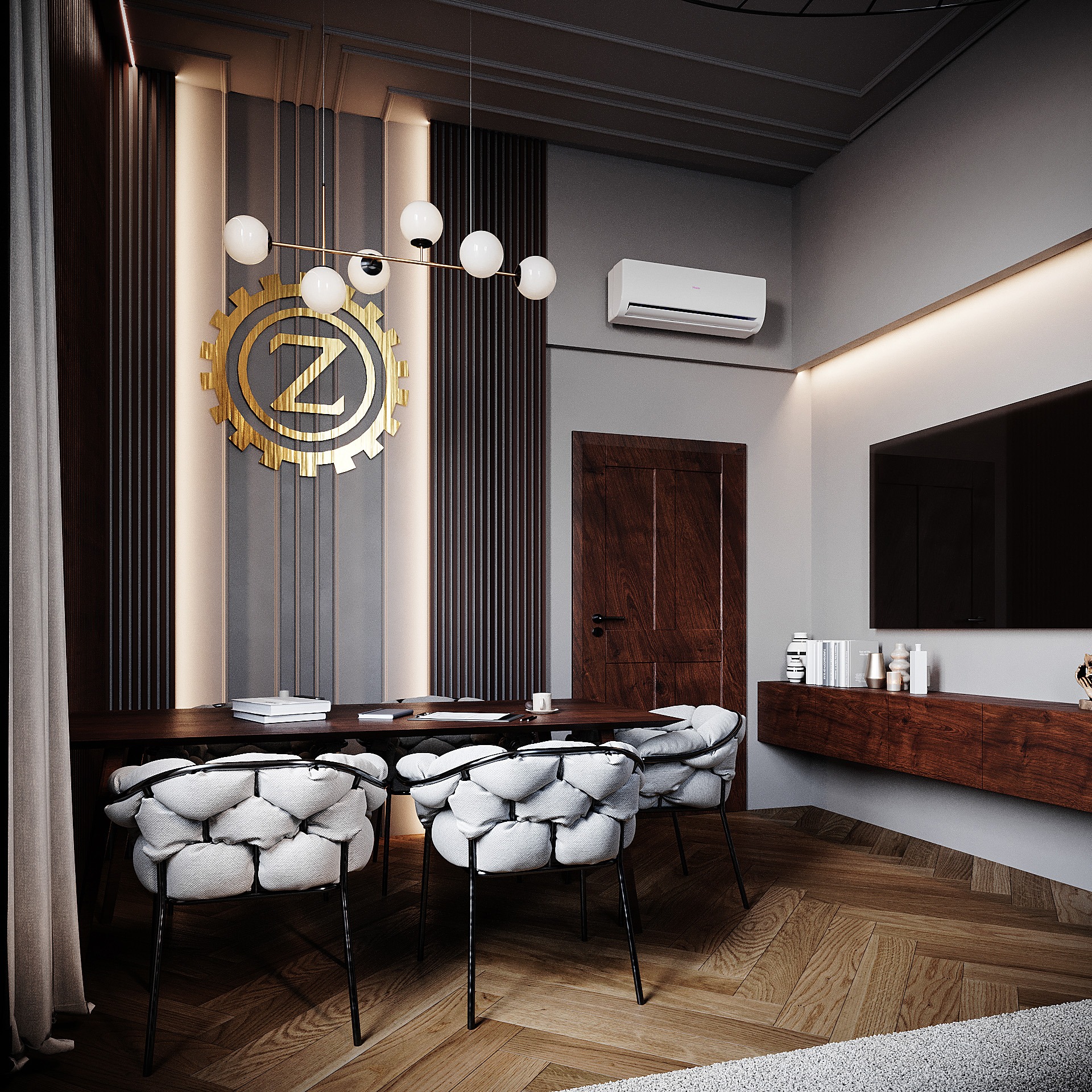 Wizualizacja gabinetu w biurze z drewnianą podłogą w jodełkę, ciemnym biurkiem, czterema krzesłami obitymi jasną tkaniną, złotym logo firmy na ścianie i wiszącą lampą z białymi kulami.