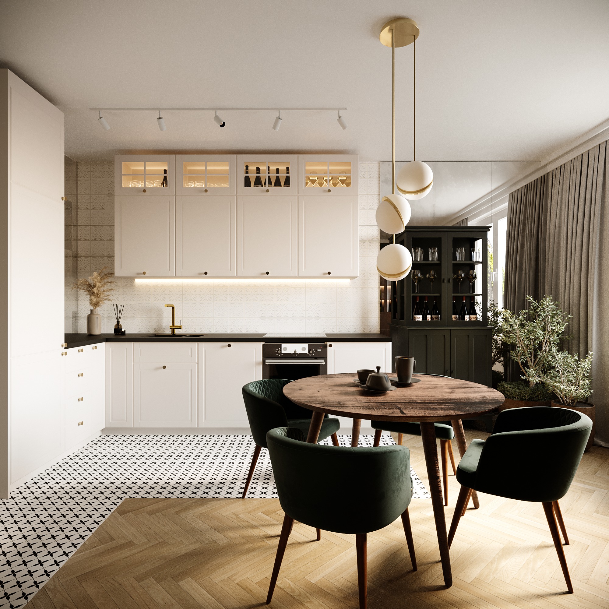 Nowoczesna kuchnia z okrągłym drewnianym stołem, zielonymi krzesłami, białymi szafkami z przeszklonymi witrynami podświetlonymi od wewnątrz, czarnym blatem, i wzorzystą podłogą, oświetlona trzema...