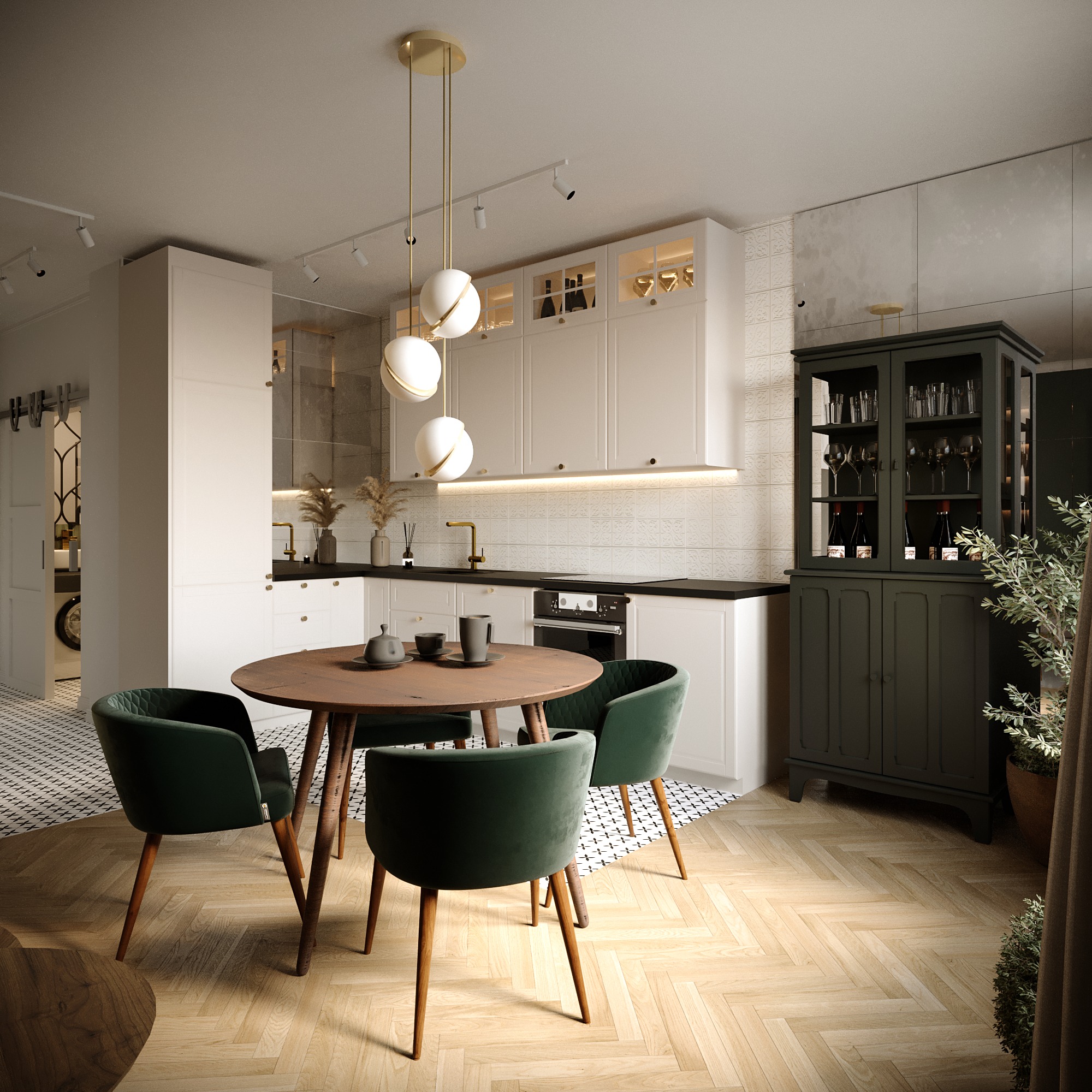 Wnętrze jadalni z okrągłym drewnianym stołem, zielonymi krzesłami i białą kuchnią w tle, oświetlone wiszącymi lampami kulami.