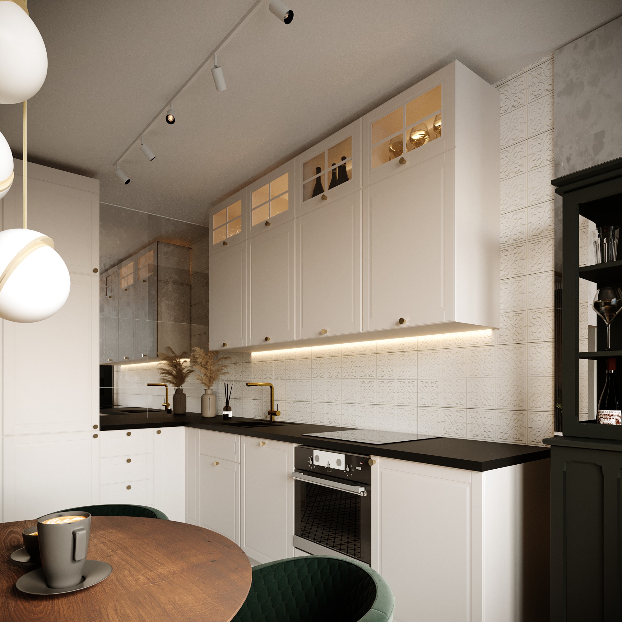 Wnętrze kuchni z białymi szafkami, czarnym blatem, złotą armaturą i okrągłym drewnianym stołem z filiżanką kawy, oświetlone punktowymi lampami i listwą LED pod szafkami wiszącymi, z elementami...