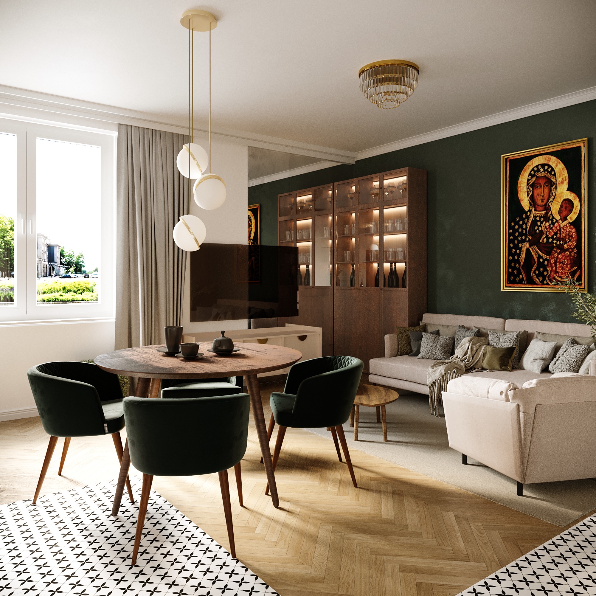 Wnętrze salonu z okrągłym drewnianym stołem, czterema zielonymi krzesłami, sofą w odcieniach beżu, drewnianą witryną z podświetleniem i obrazem religijnym na ciemnozielonej ścianie.