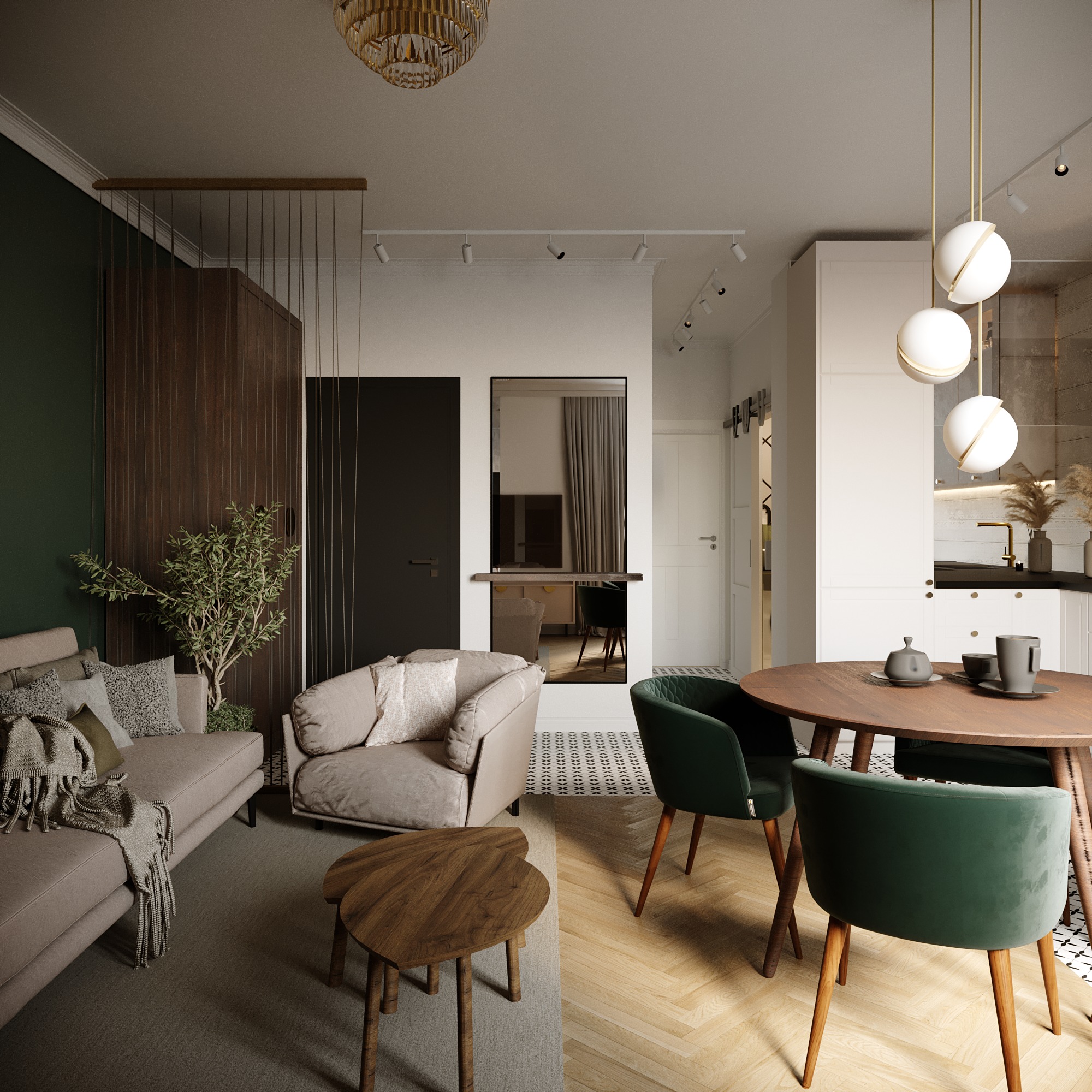Wizualizacja salonu z zielonymi akcentami: sofa z poduszkami i pledem, fotel, okrągły stół z zielonymi krzesłami, drewniane stoliki kawowe, dekoracyjna ścianka z drewnianymi panelami, oświetlenie...