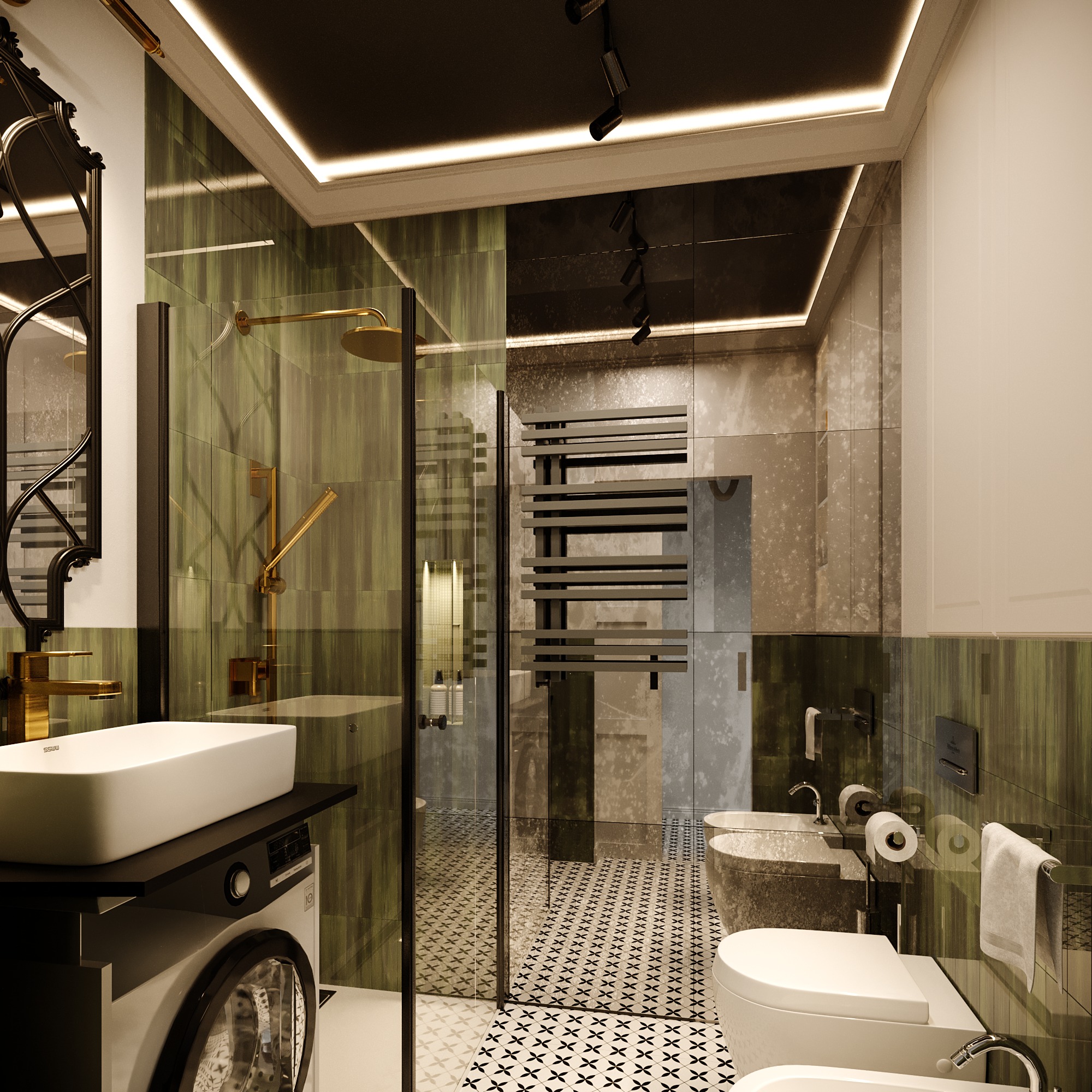 Wizualizacja luksusowej łazienki z zielonymi płytkami imitującymi drewno, czarną armaturą i wzorzystą podłogą; umywalka na blacie nad pralką, złota bateria i deszczownica, szklana kabina...