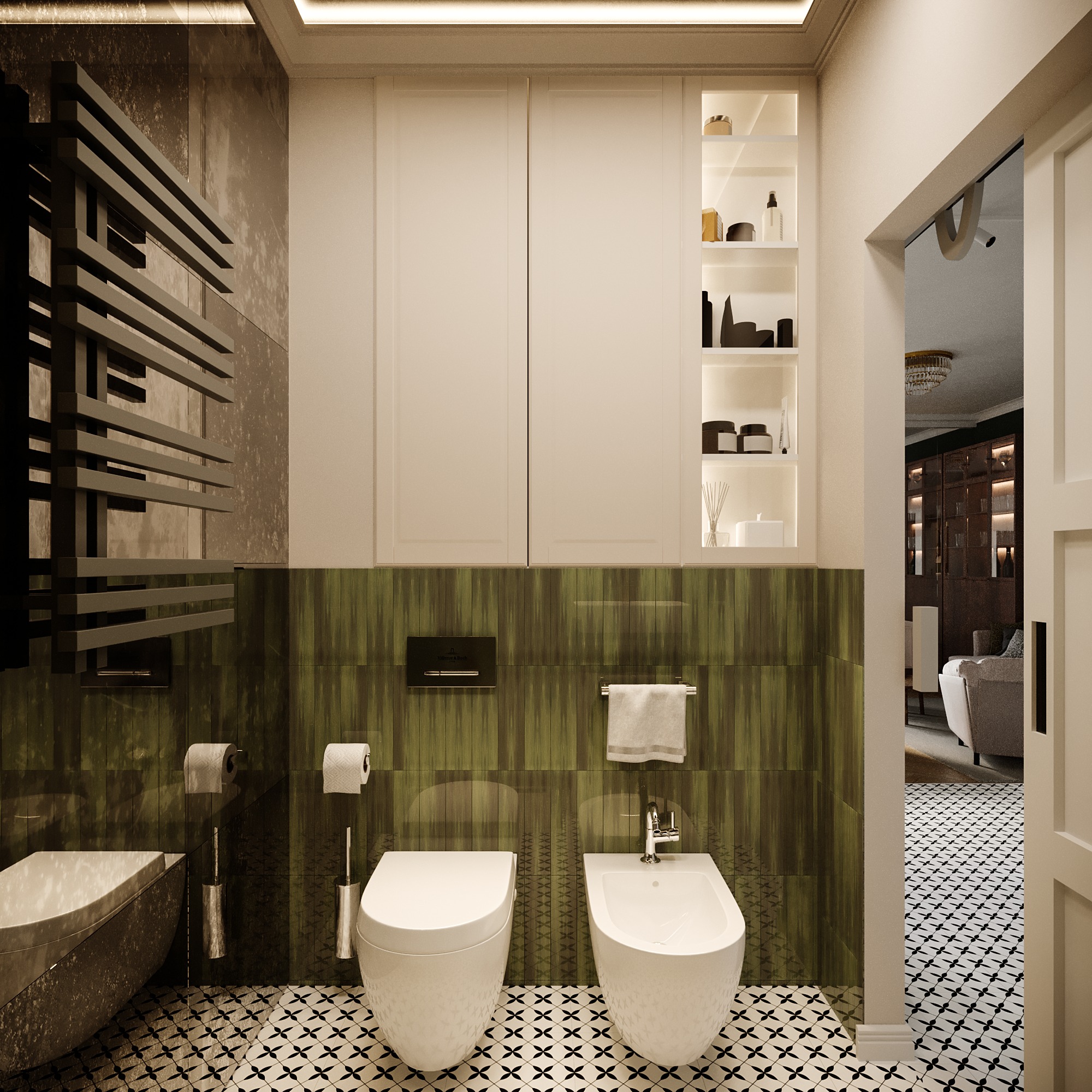 Nowoczesna łazienka z ciemnozielonymi płytkami imitującymi drewno, białą armaturą, czarnym grzejnikiem drabinkowym i szafkami wiszącymi, wzorzysta podłoga, widok na salon z kryształowym żyrandolem.