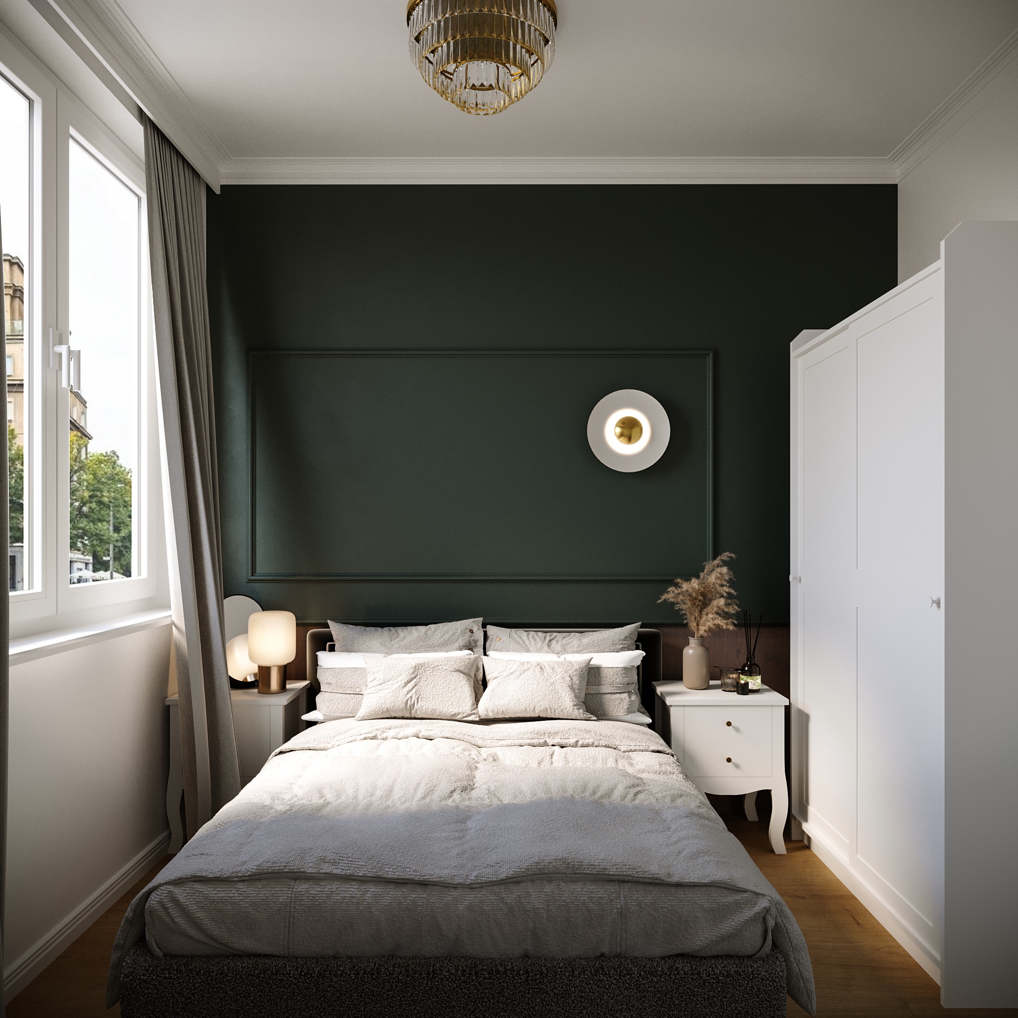 Nowoczesna sypialnia z łóżkiem typu king-size, ciemnozieloną ścianą z dekoracyjnymi listwami, okrągłą lampą ścienną, białymi szafkami nocnymi i dużą białą szafą. W oknie widoczny fragment budynku.