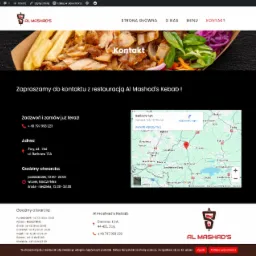 Strona internetowa restauracji Al Mashad's Kebab z mapą lokalizacji, danymi kontaktowymi i zdjęciem potrawy kebab.