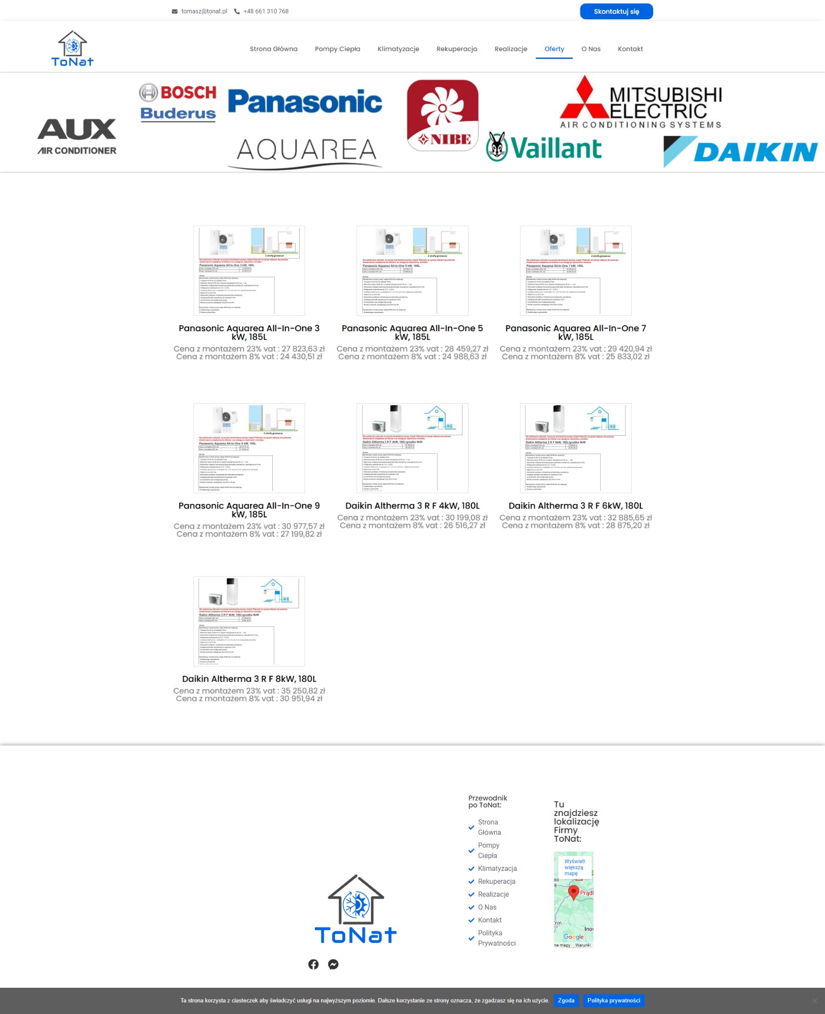 Strona internetowa firmy oferującej pompy ciepła różnych marek, prezentująca modele Panasonic Aquarea i Daikin Altherma wraz z cenami montażu i stawkami VAT.