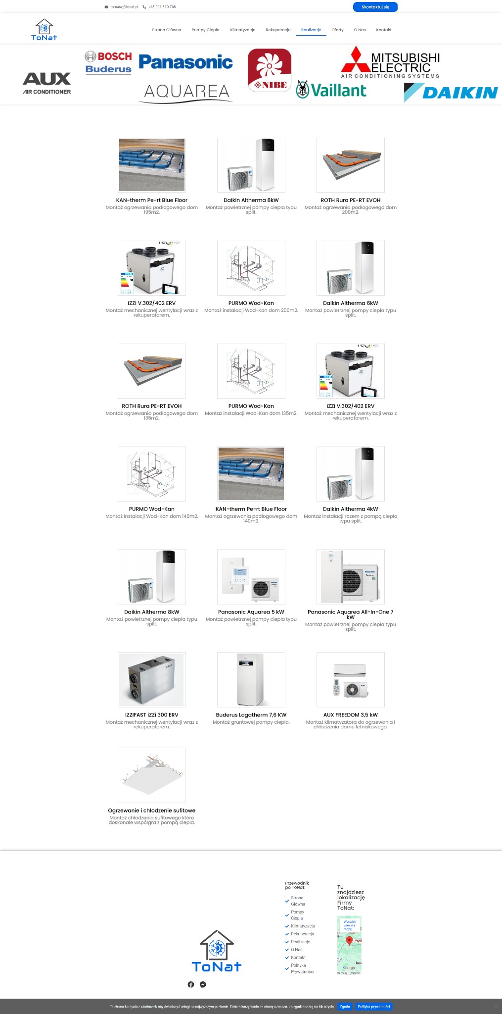 Strona internetowa firmy ToNat prezentująca realizacje montażu systemów grzewczych i klimatyzacyjnych różnych marek, w tym ogrzewanie podłogowe, pompy ciepła i rekuperatory.