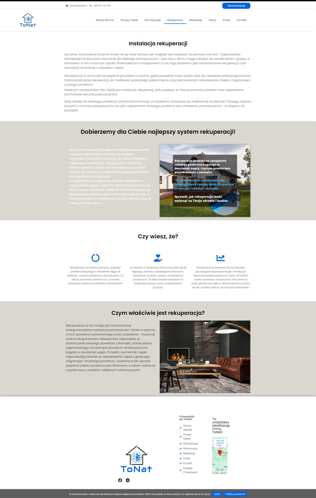 Ilustracja informacyjna o rekuperacji, prezentująca zalety systemu wentylacji z odzyskiem ciepła, korzyści dla zdrowia, oszczędność energii i czyste powietrze.