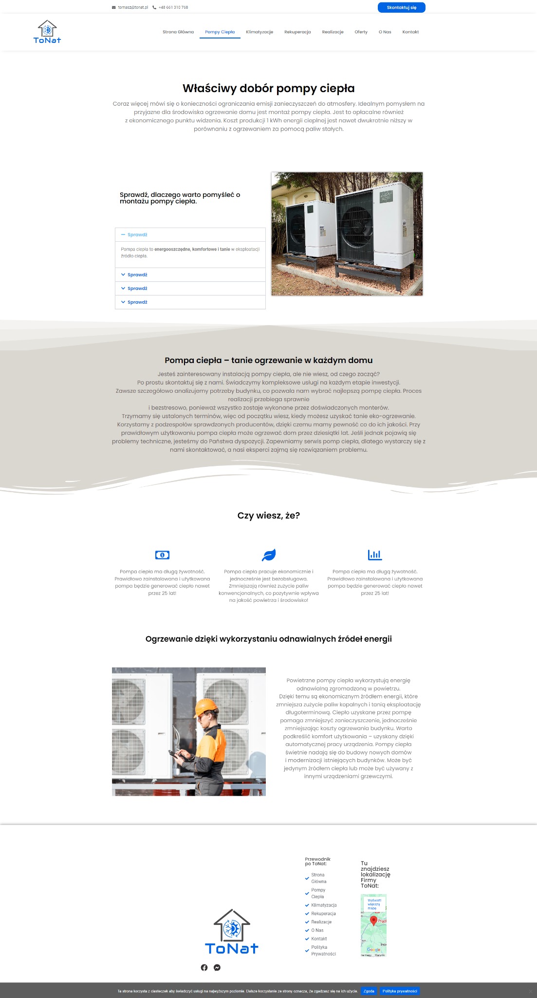 Strona internetowa firmy oferującej pompy ciepła, prezentująca dwa białe urządzenia na zewnątrz budynku, otoczone zielenią.