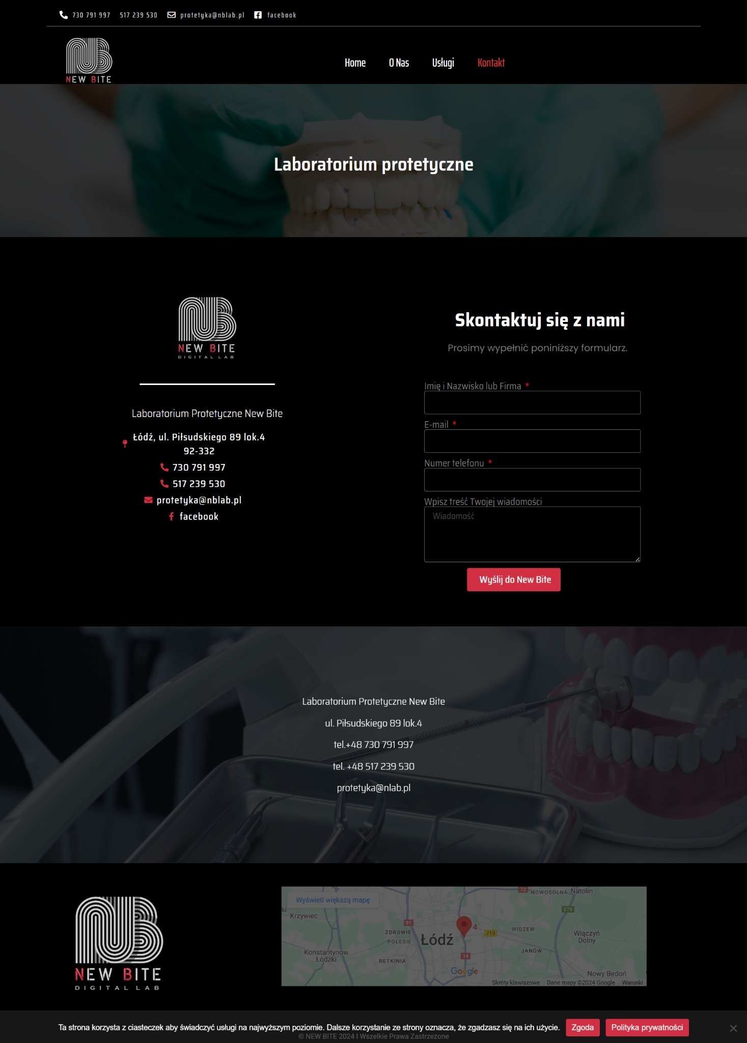 Strona internetowa laboratorium protetycznego New Bite z formularzem kontaktowym, danymi adresowymi, mapą dojazdu i logo w czarno-białej kolorystyce.