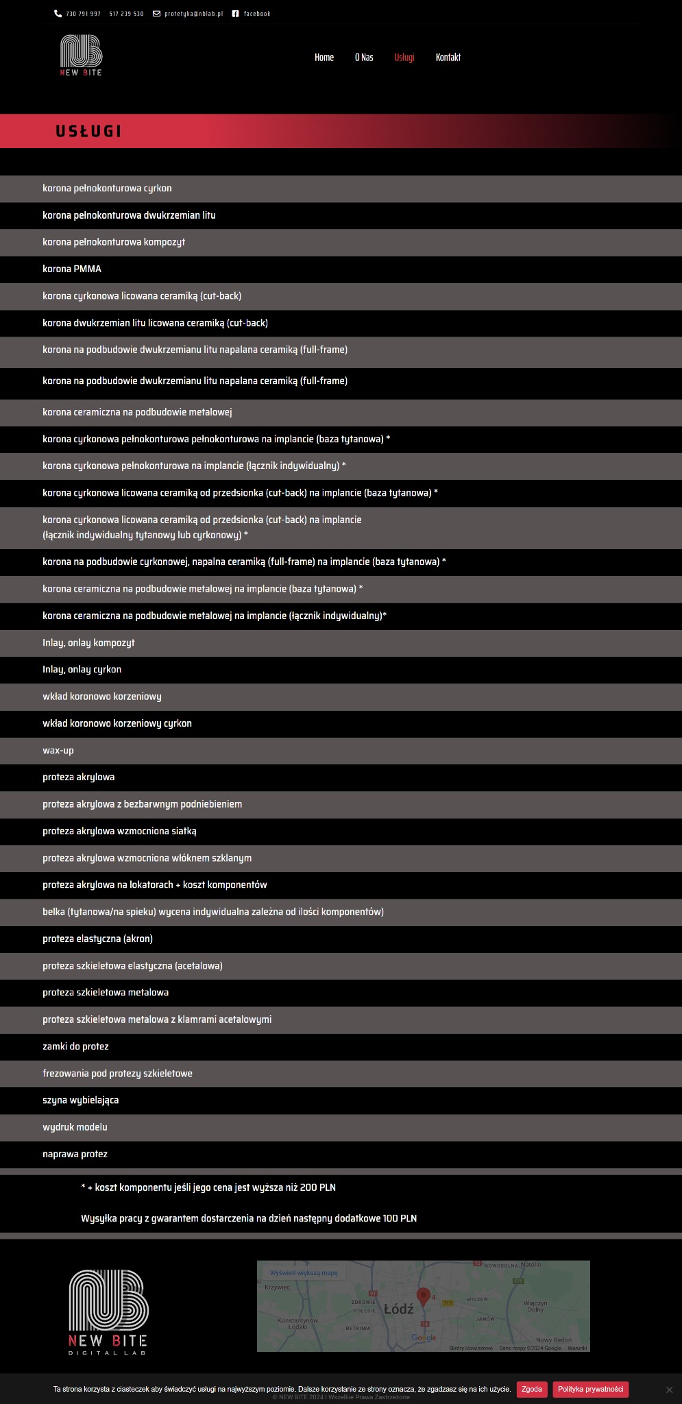 Strona internetowa firmy protetycznej New Bite z listą oferowanych usług dentystycznych, w tym korony cyrkonowe, protezy akrylowe i szkieletowe oraz inlay i onlay.