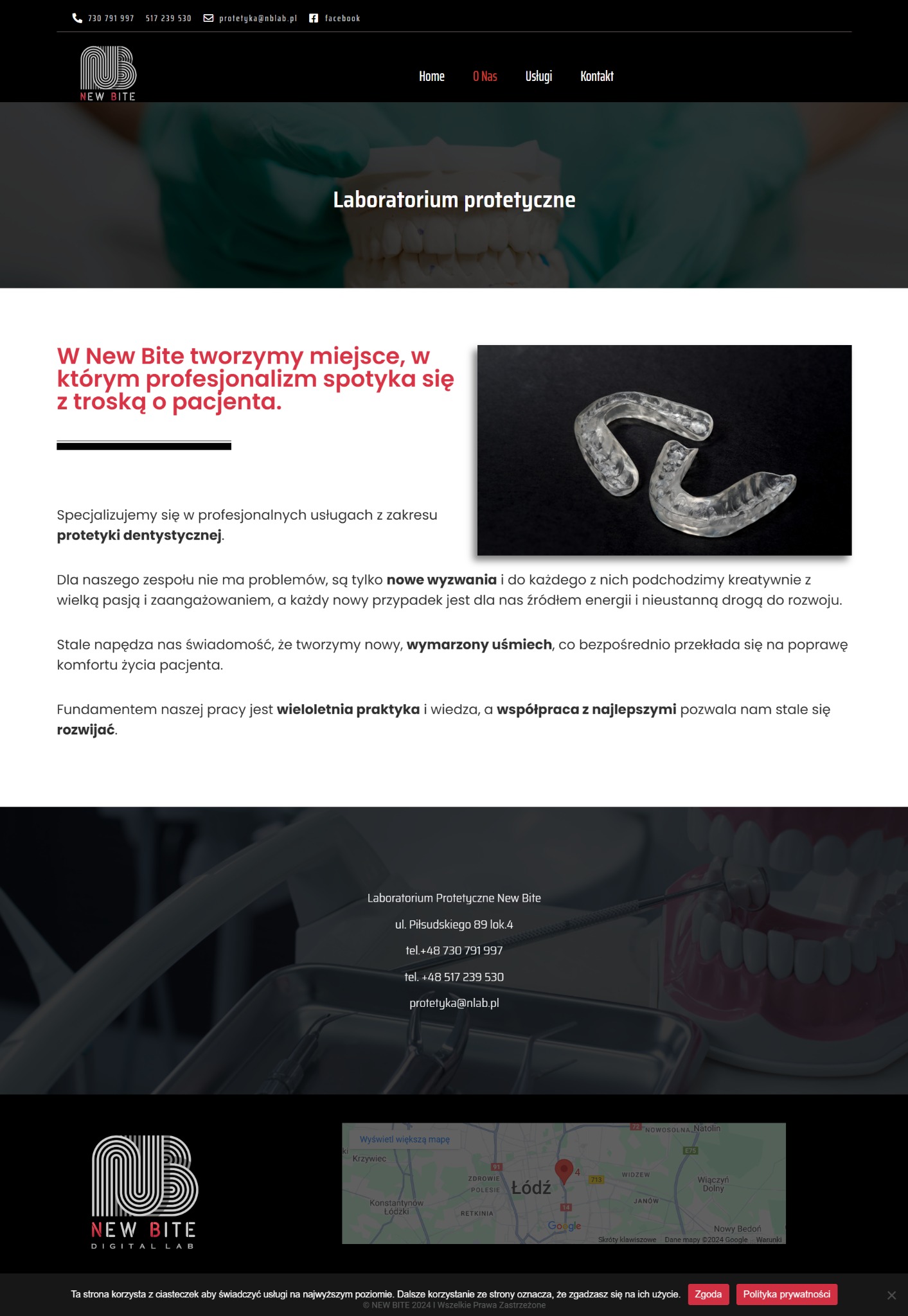 Strona internetowa laboratorium protetycznego New Bite z informacjami o specjalizacji w protetyce dentystycznej, prezentująca nakładkę dentystyczną na czarnym tle.