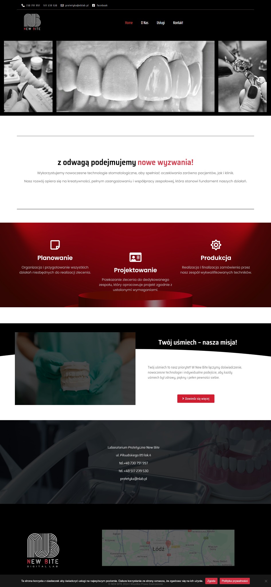 Strona internetowa laboratorium protetycznego New Bite z sekcjami Planowanie, Projektowanie i Produkcja, prezentująca proces tworzenia protez zębowych.