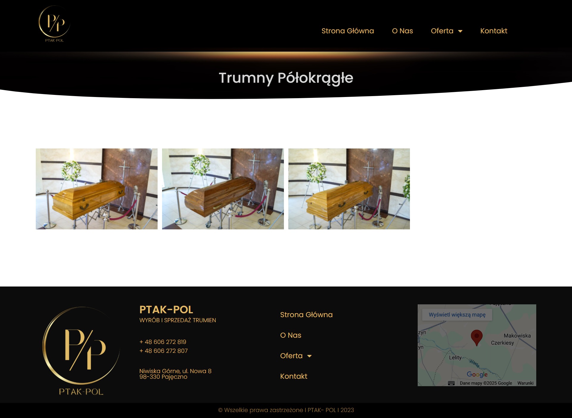 Strona internetowa firmy pogrzebowej Ptak-Pol prezentująca trzy trumny w jasnych odcieniach drewna, ustawione w sali z marmurowymi ścianami i wieńcami pogrzebowymi.
