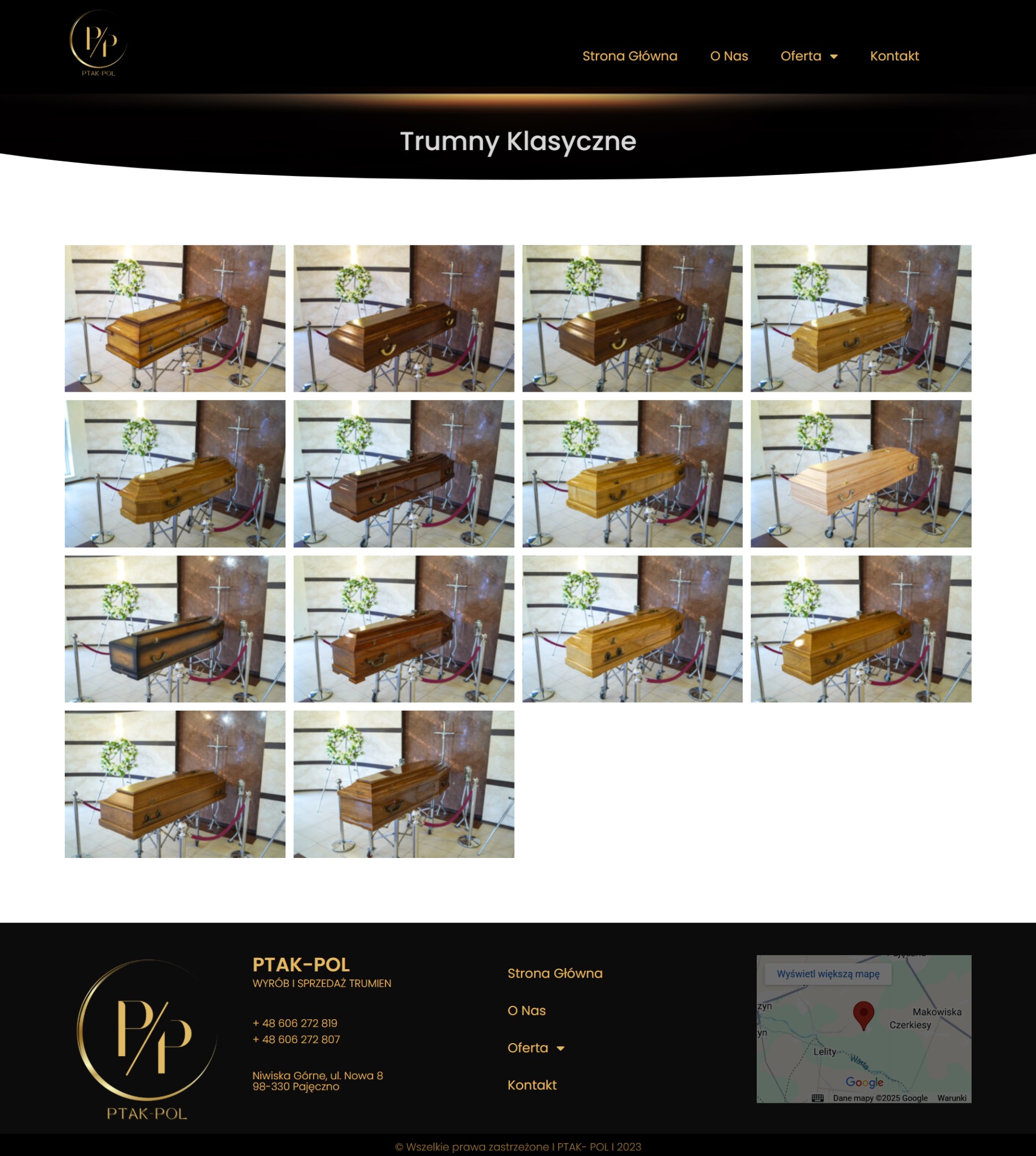 Kolaż zdjęć przedstawiających różne modele trumien, prezentowanych w pomieszczeniu z dekoracjami kwiatowymi i krzyżem.