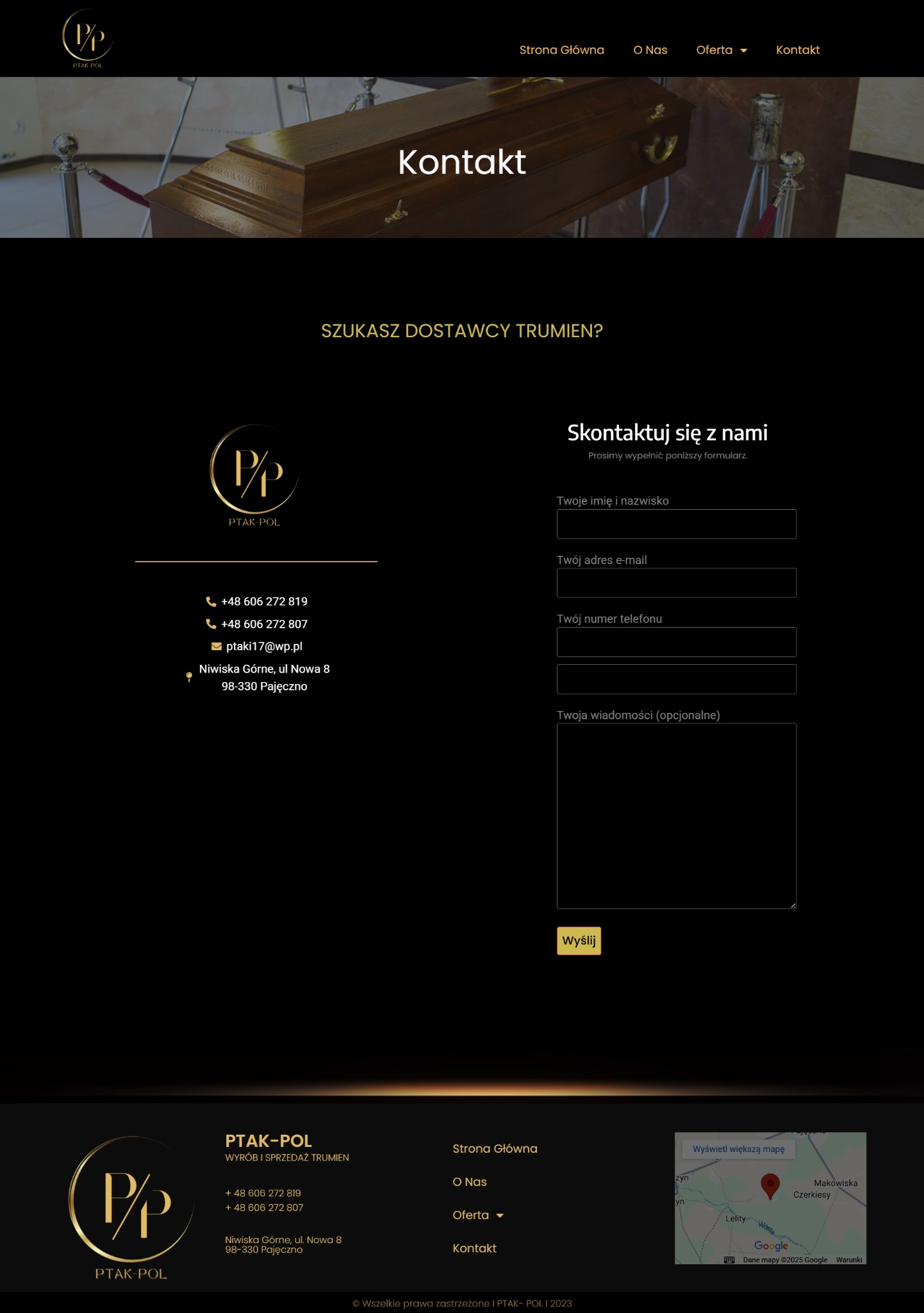 Strona internetowa firmy pogrzebowej Ptak-Pol z zakładką Kontakt, formularzem kontaktowym i mapą dojazdu do siedziby firmy.