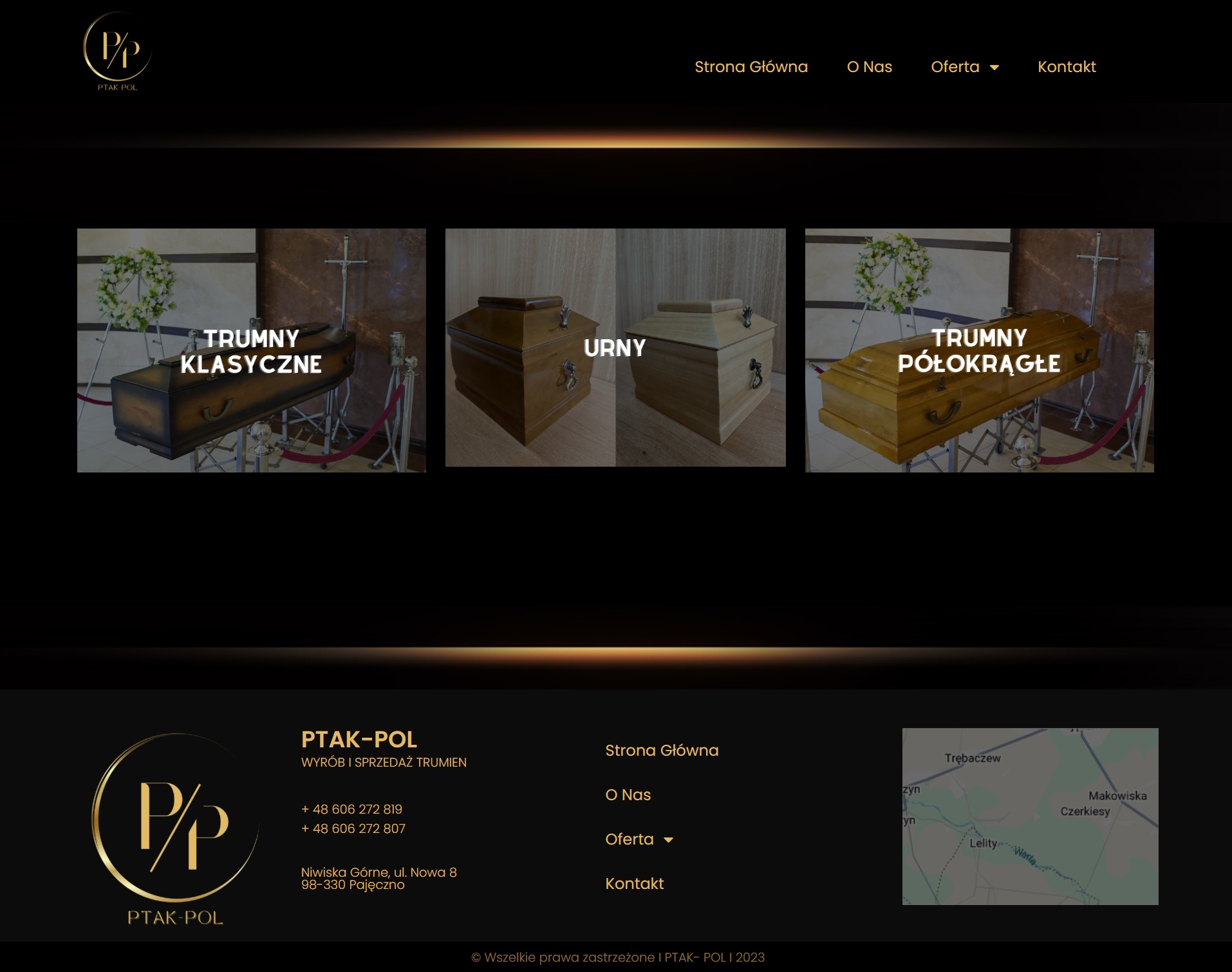 Strona internetowa firmy pogrzebowej Ptak-Pol prezentująca ofertę trumien klasycznych, urn i trumien półokrągłych.