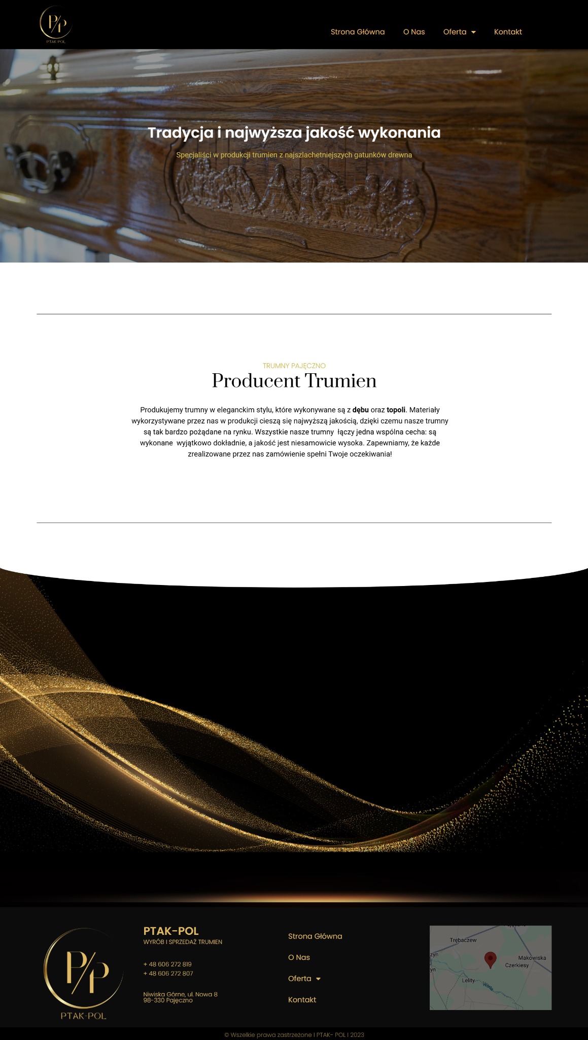 Strona internetowa producenta trumien z widocznym fragmentem dębowej trumny z rzeźbieniami, logo firmy i menu nawigacyjnym.