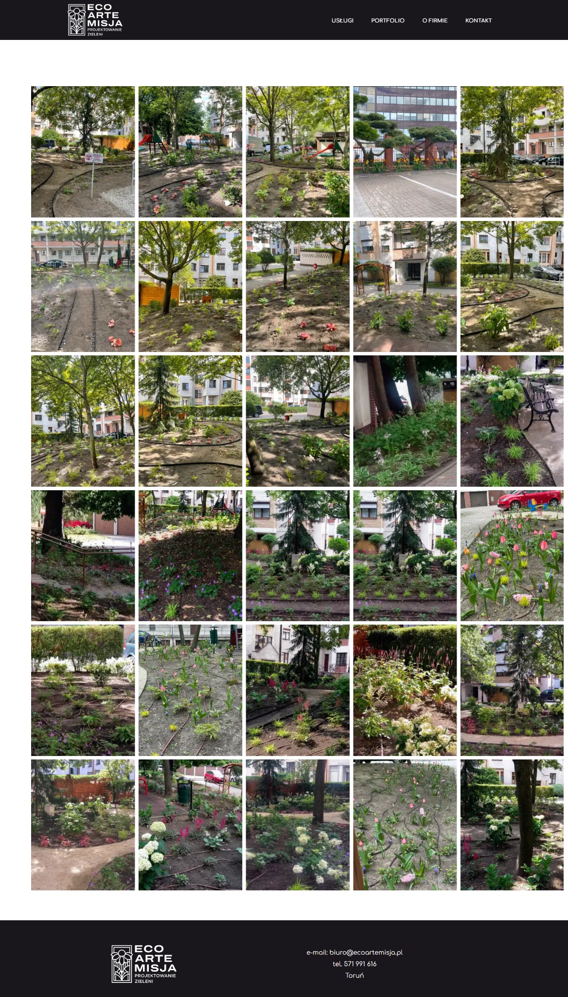 Kolaż zdjęć przedstawiających różnorodne aranżacje terenów zielonych: rabaty kwiatowe z systemem nawadniania, klomby z tulipanami, kompozycje z krzewów ozdobnych i drzew, zieleń miejska w otoczeniu...