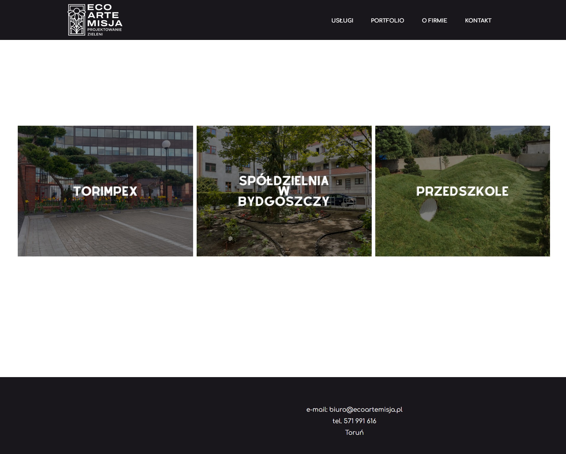 Portfolio firmy projektującej zieleń: budynek biurowy z zielenią, budynek mieszkalny otoczony zielenią i zielony teren przedszkola.