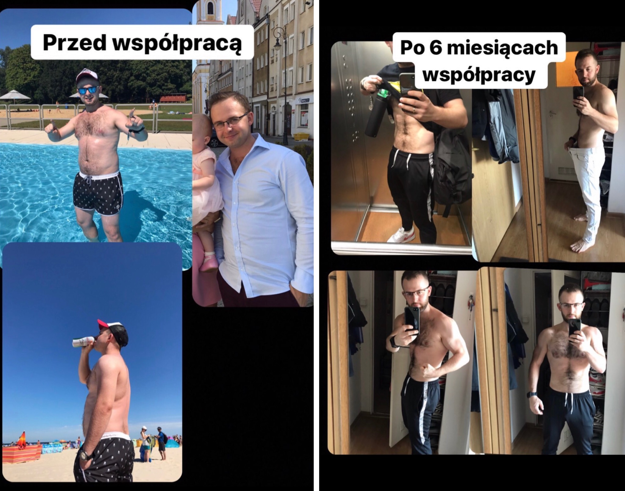 Mężczyzna prezentujący transformację sylwetki: zdjęcia 'przed' z nadwagą na basenie i plaży, oraz zdjęcia 'po' z wyraźnie zarysowanymi mięśniami, robione w lustrze w domu.